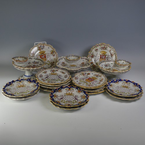 17 - A set of mid 20thC French Faience crested Plates, comprising two different crests on the plates, whi... 