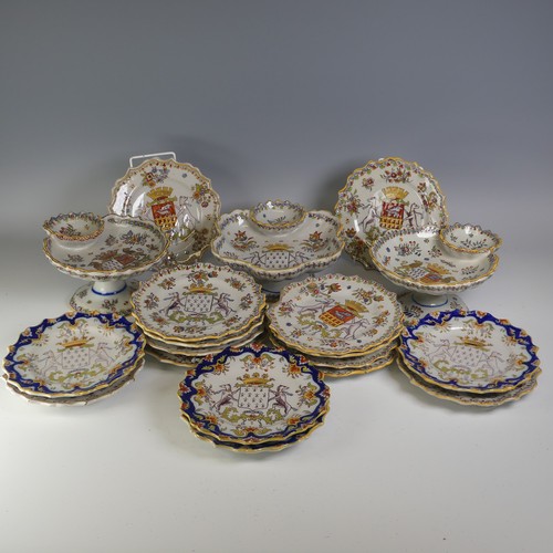 17 - A set of mid 20thC French Faience crested Plates, comprising two different crests on the plates, whi... 