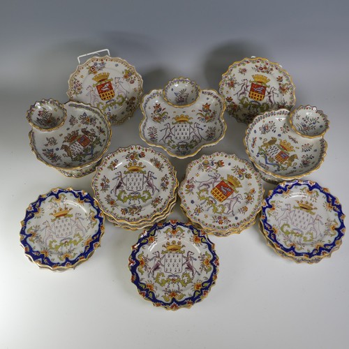 17 - A set of mid 20thC French Faience crested Plates, comprising two different crests on the plates, whi... 