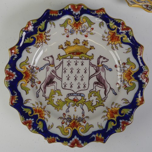 17 - A set of mid 20thC French Faience crested Plates, comprising two different crests on the plates, whi... 