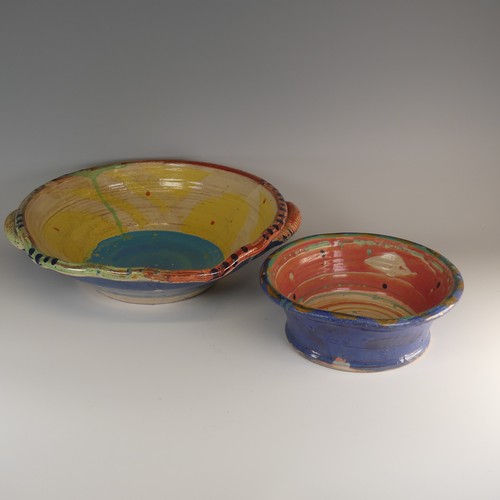 2 - Michael Emmett (b. 1945) a stoneware studio pottery twin-handled Bowl, decorated in colourful splash... 