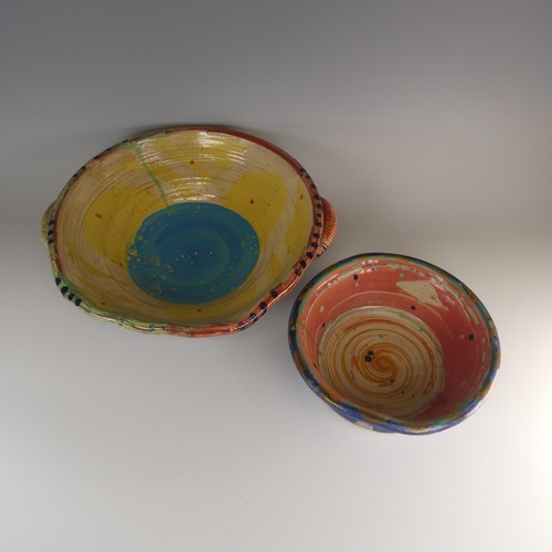 2 - Michael Emmett (b. 1945) a stoneware studio pottery twin-handled Bowl, decorated in colourful splash... 