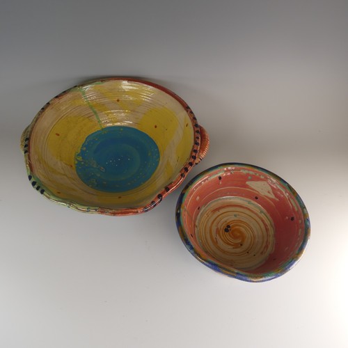 2 - Michael Emmett (b. 1945) a stoneware studio pottery twin-handled Bowl, decorated in colourful splash... 