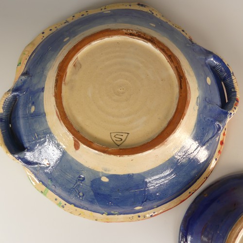 2 - Michael Emmett (b. 1945) a stoneware studio pottery twin-handled Bowl, decorated in colourful splash... 