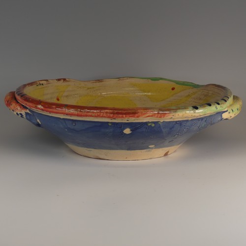 2 - Michael Emmett (b. 1945) a stoneware studio pottery twin-handled Bowl, decorated in colourful splash... 