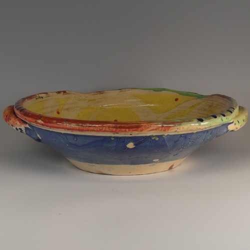 2 - Michael Emmett (b. 1945) a stoneware studio pottery twin-handled Bowl, decorated in colourful splash... 