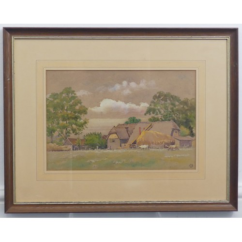 203 - Lewis G. Dye (British, 20th Century), Farm buildings in a rural landscape, Norfolk, watercolour, sig... 