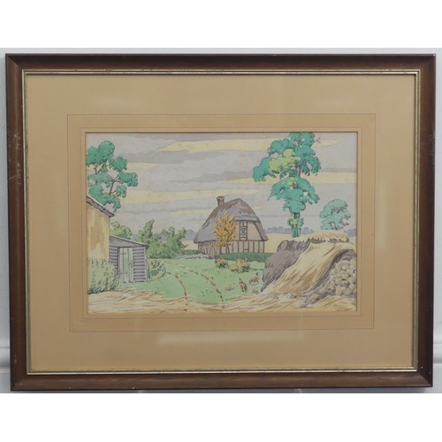 203 - Lewis G. Dye (British, 20th Century), Farm buildings in a rural landscape, Norfolk, watercolour, sig... 