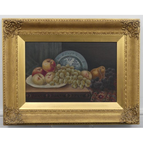 208 - Late 19th century School, Still life of fruit with Willow pattern plate, oil on canvas, 30cm x 45.5c... 