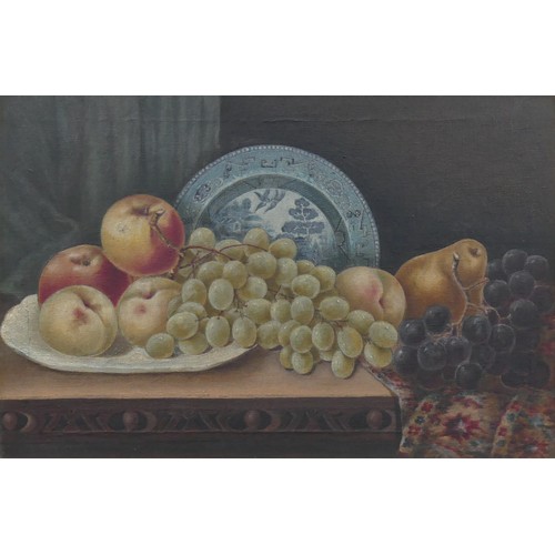 208 - Late 19th century School, Still life of fruit with Willow pattern plate, oil on canvas, 30cm x 45.5c... 