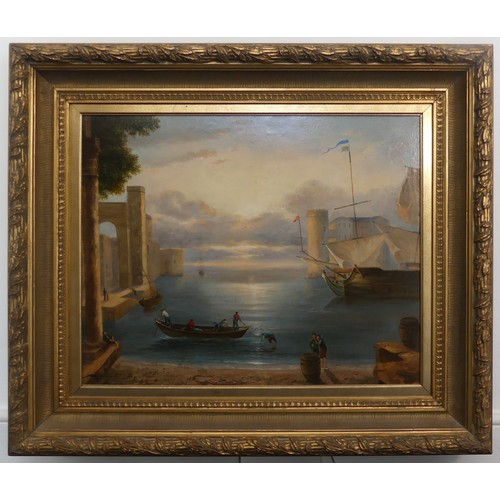 210 - Late 19th century naive School, Continental harbour scene at sunset, oil on canvas, 60cm x 76cm (24i... 