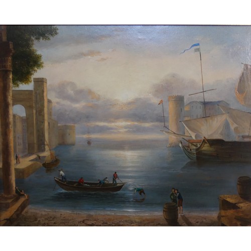 210 - Late 19th century naive School, Continental harbour scene at sunset, oil on canvas, 60cm x 76cm (24i... 