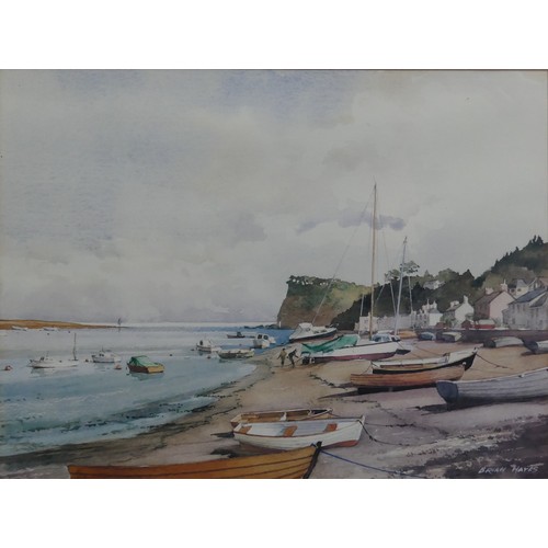 211 - Brian Hayes (British, 20th Century), Beached boats in Budleigh Salterton, Devon, watercolour, signed... 