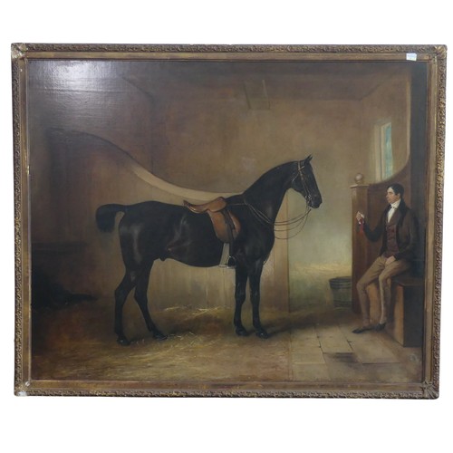 225 - John Ferneley, Senior (British, 1782-1860), Study of a Horse in a Stable with Groom, oil on canvas, ... 