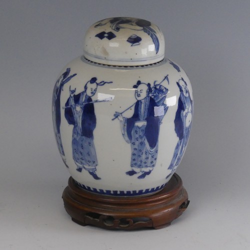 129 - A 19thC Chinese blue and white porcelain Ginger Jar, decorated with underglaze blue depictions of fi... 