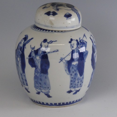 129 - A 19thC Chinese blue and white porcelain Ginger Jar, decorated with underglaze blue depictions of fi... 