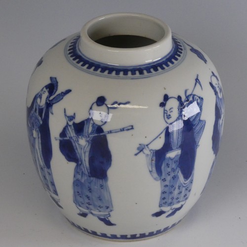 129 - A 19thC Chinese blue and white porcelain Ginger Jar, decorated with underglaze blue depictions of fi... 