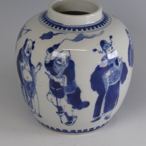 129 - A 19thC Chinese blue and white porcelain Ginger Jar, decorated with underglaze blue depictions of fi... 