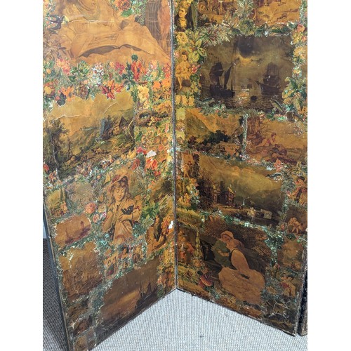 337 - A Victorian three fold scrap Screen, framed in ebonised and gilt slip, decorated with polychrome scr... 