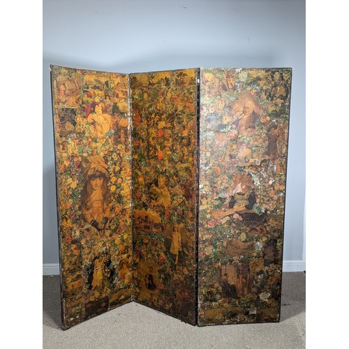 337 - A Victorian three fold scrap Screen, framed in ebonised and gilt slip, decorated with polychrome scr... 