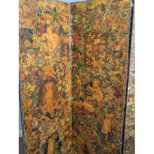 337 - A Victorian three fold scrap Screen, framed in ebonised and gilt slip, decorated with polychrome scr... 