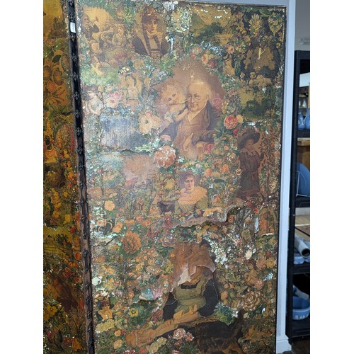 337 - A Victorian three fold scrap Screen, framed in ebonised and gilt slip, decorated with polychrome scr... 