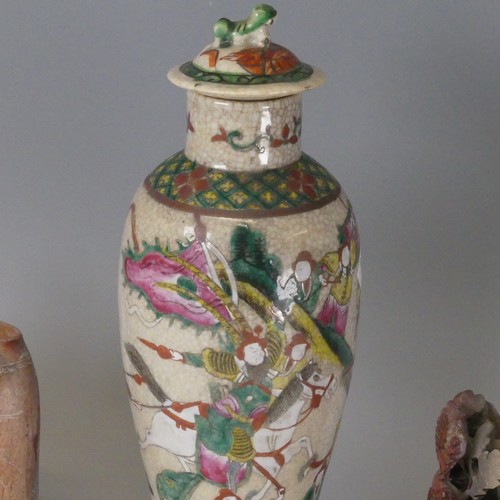 132 - An 20thC Chinese crackleware baluster Vase and Cover, decorated in polychromed scenes of warriors, t... 