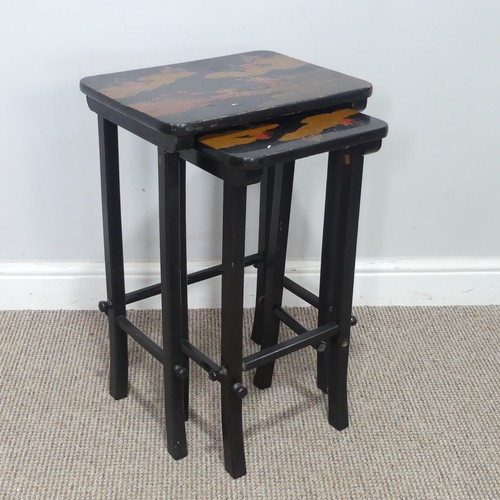 346 - A Chinese style lacquered and painted nest of two side Tables, W 40 cm x H 60 cm x D 30 cm.... 