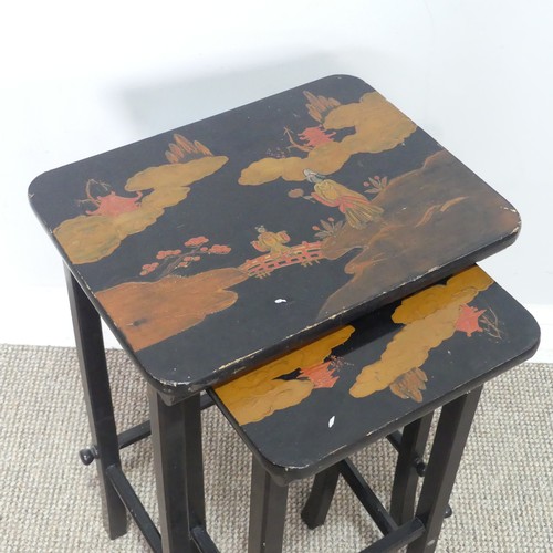 346 - A Chinese style lacquered and painted nest of two side Tables, W 40 cm x H 60 cm x D 30 cm.... 