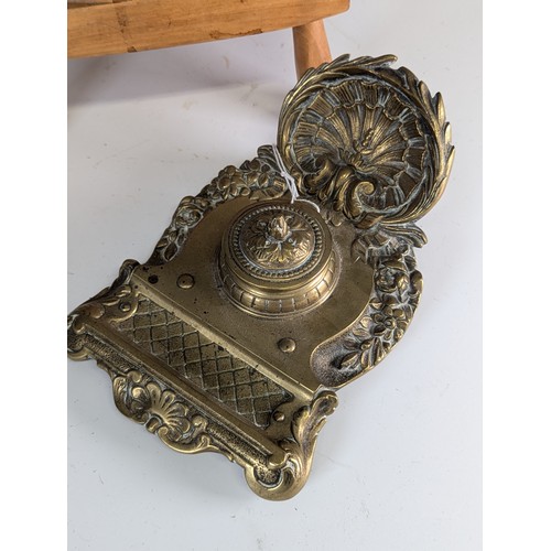 351 - A mid 19th century French gilt bronze Inkstand, of floral decorations, signed 'JH B 89', W 14.5 cm x... 