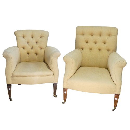 361 - Two Edwardian button back upholstered club Armchairs, both with matching upholstery, raised on mahog... 