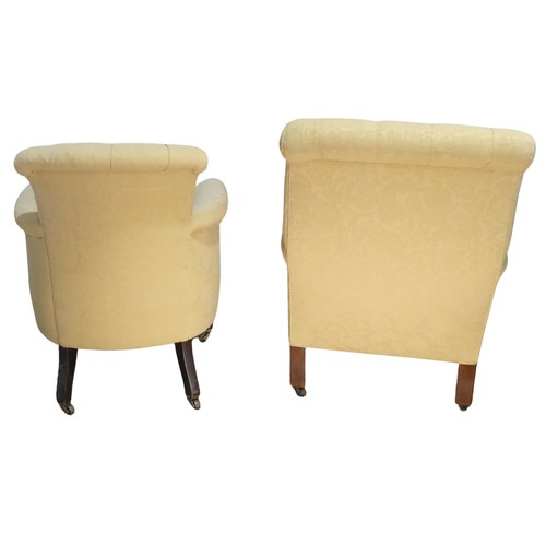 361 - Two Edwardian button back upholstered club Armchairs, both with matching upholstery, raised on mahog... 