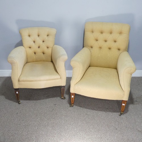 361 - Two Edwardian button back upholstered club Armchairs, both with matching upholstery, raised on mahog... 