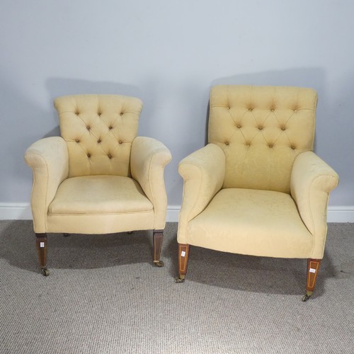 361 - Two Edwardian button back upholstered club Armchairs, both with matching upholstery, raised on mahog... 