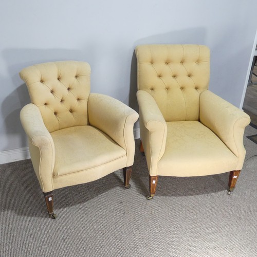 361 - Two Edwardian button back upholstered club Armchairs, both with matching upholstery, raised on mahog... 