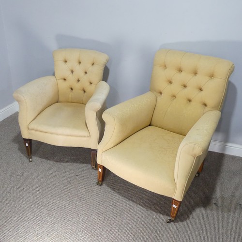 361 - Two Edwardian button back upholstered club Armchairs, both with matching upholstery, raised on mahog... 