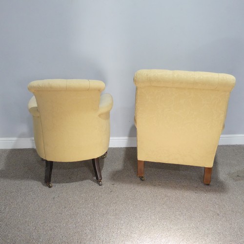 361 - Two Edwardian button back upholstered club Armchairs, both with matching upholstery, raised on mahog... 