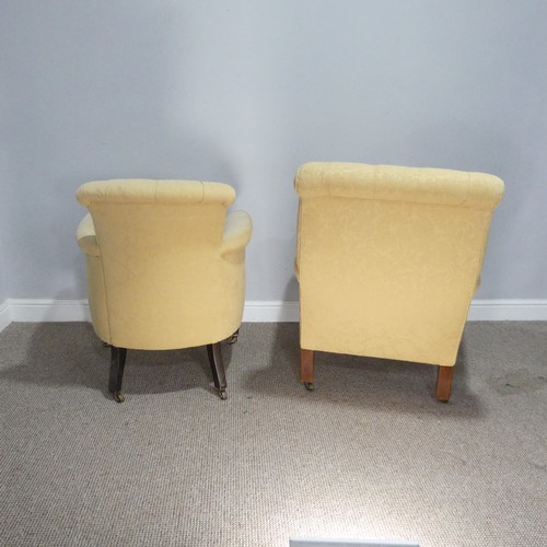 361 - Two Edwardian button back upholstered club Armchairs, both with matching upholstery, raised on mahog... 