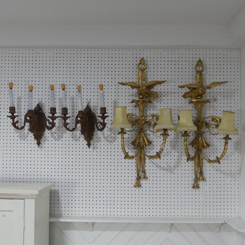 363 - A pair of antique giltwood two light wall Sconces, the finial's in the form of eagles, and with scro... 