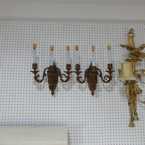 363 - A pair of antique giltwood two light wall Sconces, the finial's in the form of eagles, and with scro... 