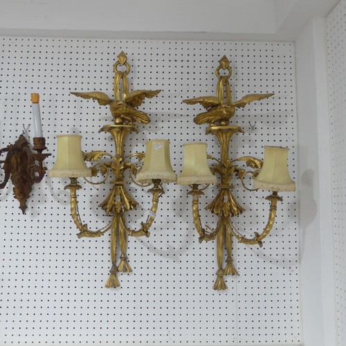 363 - A pair of antique giltwood two light wall Sconces, the finial's in the form of eagles, and with scro... 