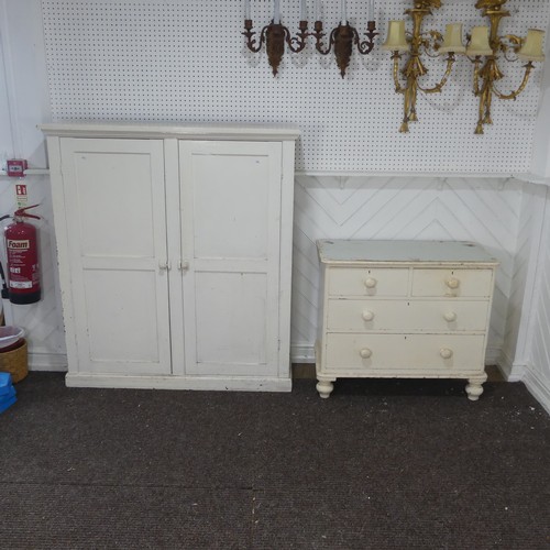 373 - A vintage painted pine Cupboard, raised on plinth base, W 128 cm x H 141 cm x D 37 cm, together with... 