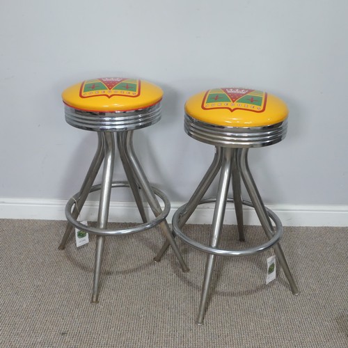 379 - A pair of ''Rock-ola'' Bar Stools, having printed tops on chromed bases, the revolving tops read ''R... 