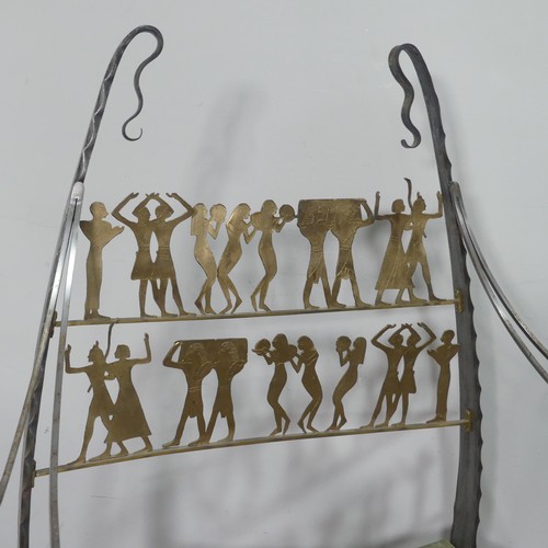 380 - An Egyptian style metal Armchair / Throne, backrest depicting Egyptian figures, flanked by scrolled ... 