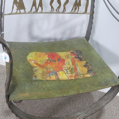 380 - An Egyptian style metal Armchair / Throne, backrest depicting Egyptian figures, flanked by scrolled ... 