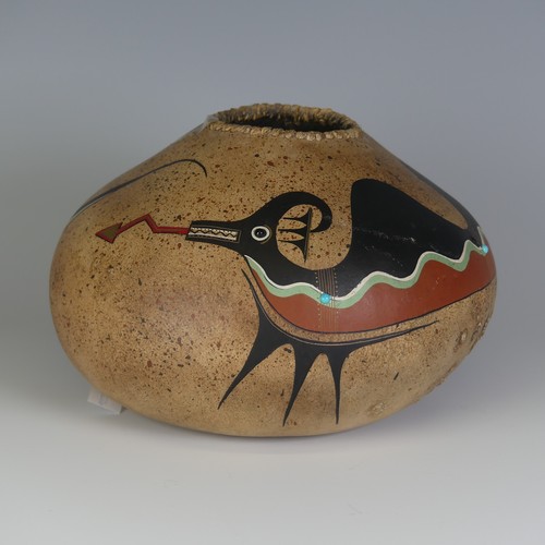 381 - Robert Rivera (Mexican 20th century) a hand-painted Gourd, 'The Water Serpent' decorated in his typi... 