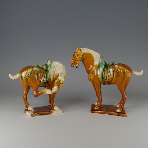 135 - A pair of Chinese Sancai porcelain Tang-style Horses, with impressed marks to base, H 20cm (2)... 