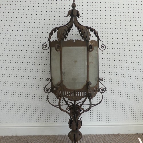 382 - A large 19th century French style wrought Iron Lantern / street Light, pediment with decorative scro... 