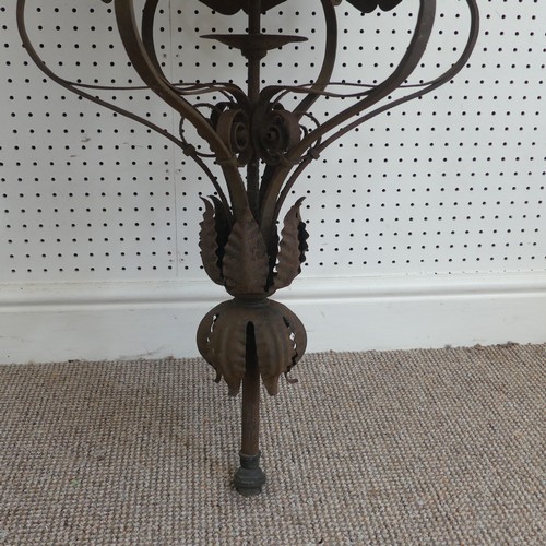 382 - A large 19th century French style wrought Iron Lantern / street Light, pediment with decorative scro... 