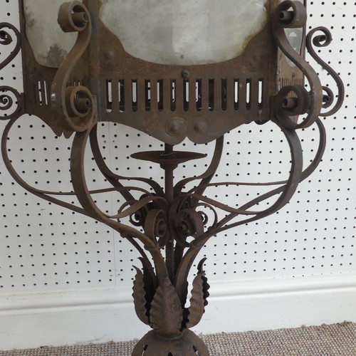 382 - A large 19th century French style wrought Iron Lantern / street Light, pediment with decorative scro... 